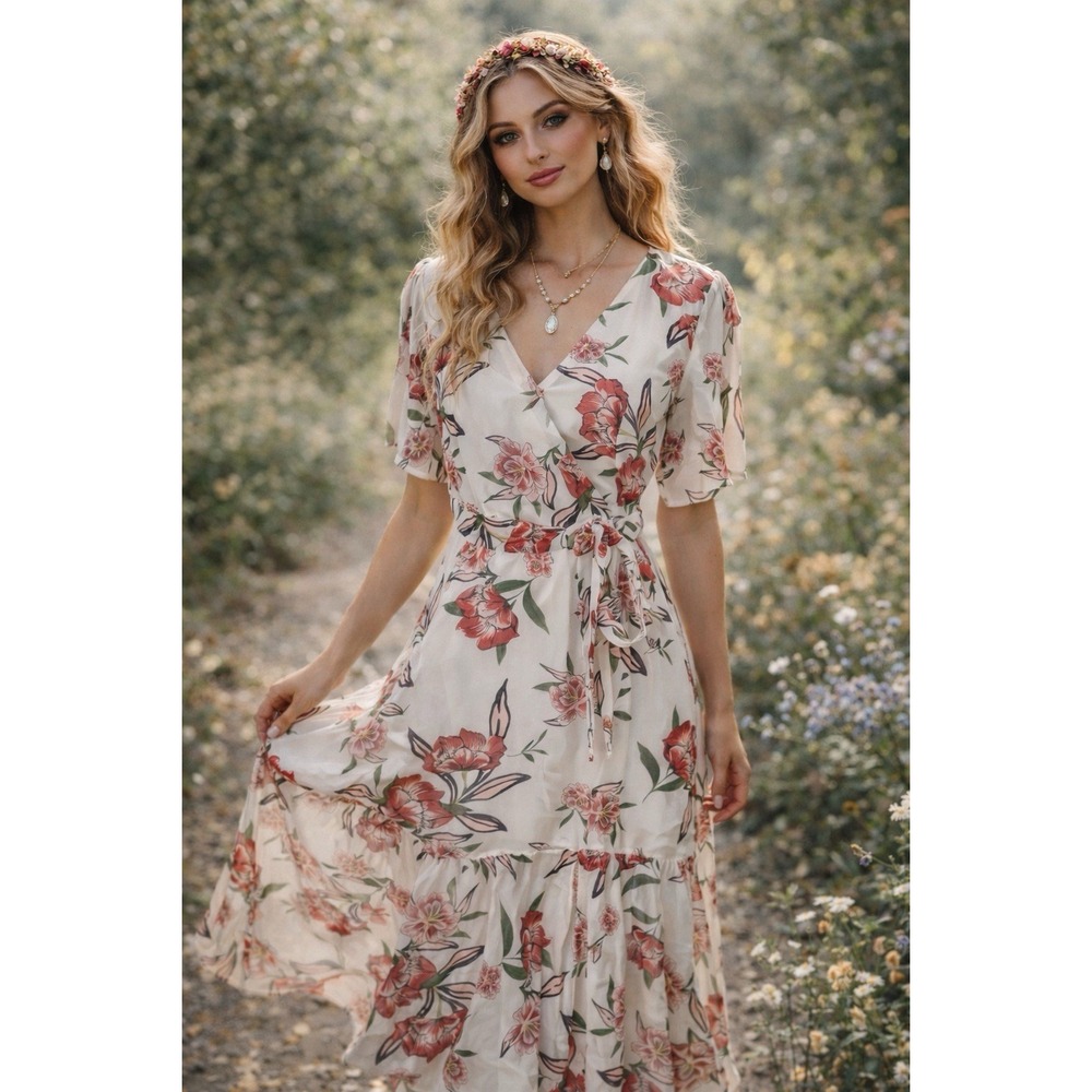 White And Red‎ Floral Sheer Dress Sz S Luxury Brand Feminine Fairycore Romantic